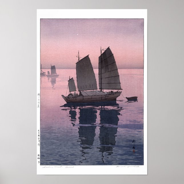 ukiyoe - Yoshida - 12 - Segelbåtar-Kväll -  Poster (Framsidan)