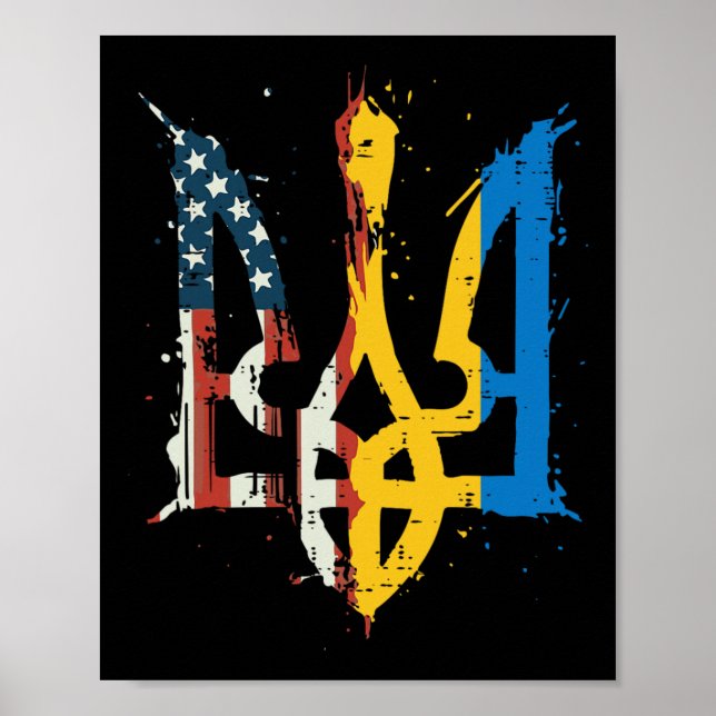 Ukraina Amerika Flagga Trident Ukrainsk Tryzub Män Poster (Framsidan)