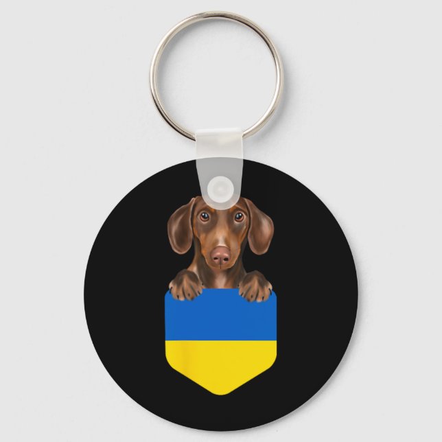 Ukraina Flagga Brun Dachshund Hund I Ficka  Nyckelring (Framsida)