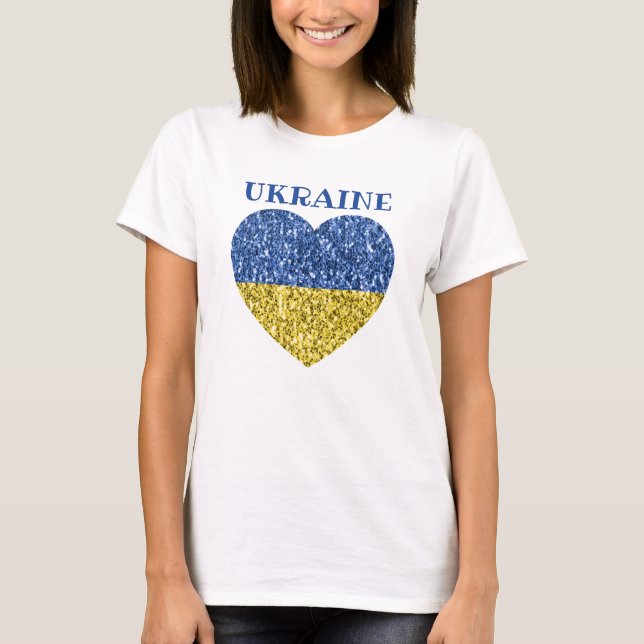 Ukraina flagga faux sparkles Heart med text T Shirt (Framsida)