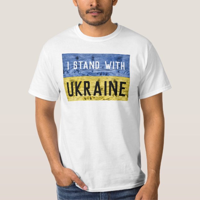 Ukraina flagga gult blue wood struktur anpassnings t shirt (Framsida)