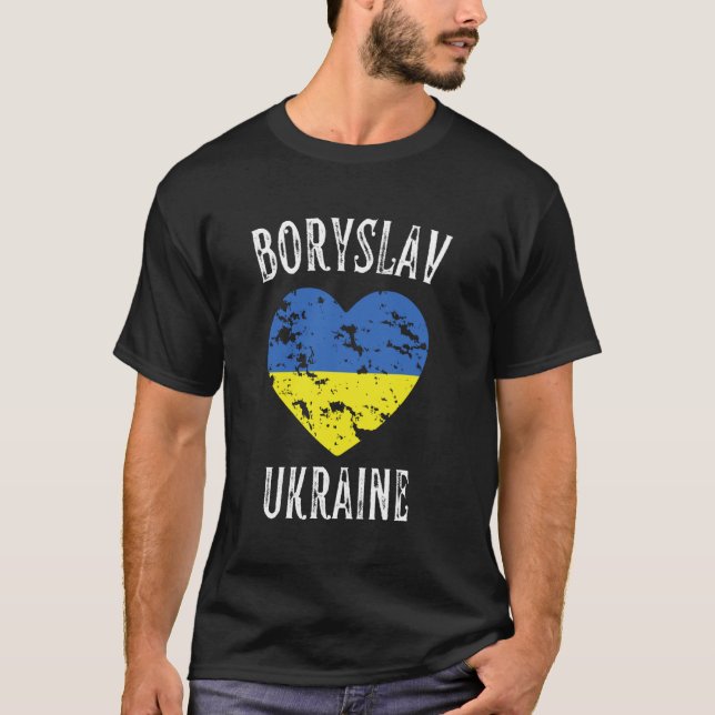 Ukraina Flagga Heart Boryslav City T Shirt (Framsida)