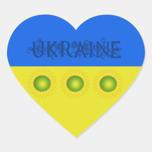 Ukraina Flagga w Sunblommor Hjärtformat Klistermärke