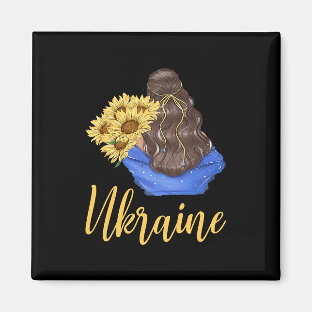Ukraina Flicka Med Solrosor Blå Gula Färger Pa Magnet (Framsidan)