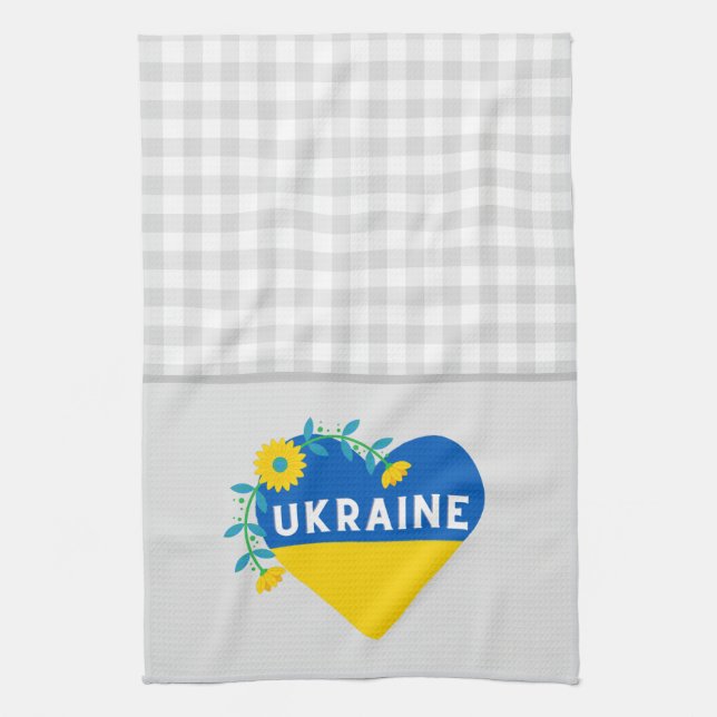 Ukraina Flower Heart Grått Gingham Kökshandduk (Vertikal)
