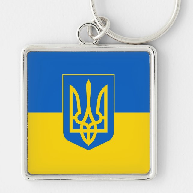 Ukraina Fyrkantig Silverfärgad Nyckelring (Framsidan)