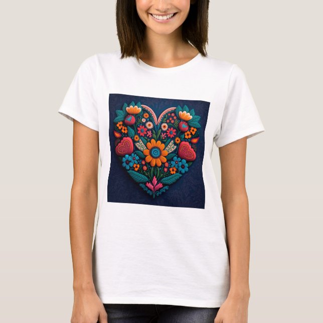 Ukraina-Inspired Heart of Flowers T Shirt (Framsida)