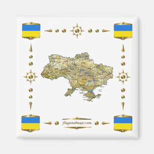 Ukraina Karta + Flaggor Magnet