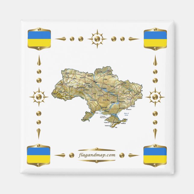 Ukraina Karta + Flaggor Magnet (Framsidan)