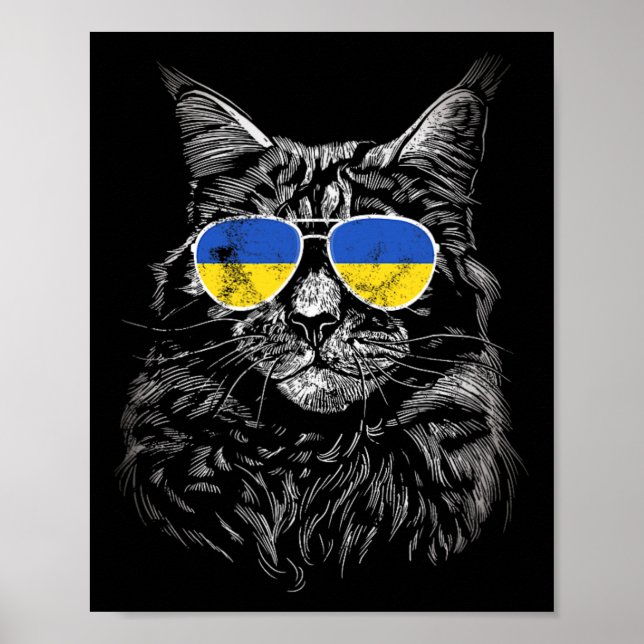 Ukraina Katt Slava Ukraina Solglasögon Flagga För  Poster (Framsidan)