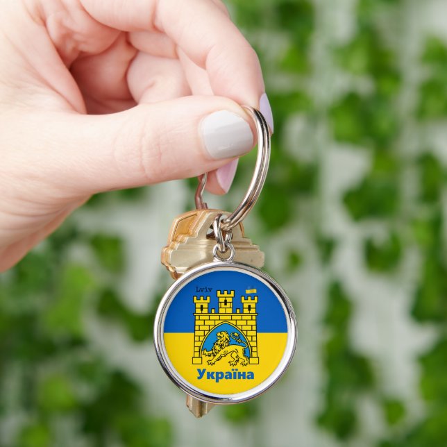 Ukraina & Lviv City - Jackande av Arm, Ukrainas Fl Rund Silverfärgad Nyckelring (Hand)