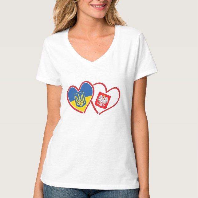 Ukraina och Polen Flagga Hearts T Shirt (Framsida)