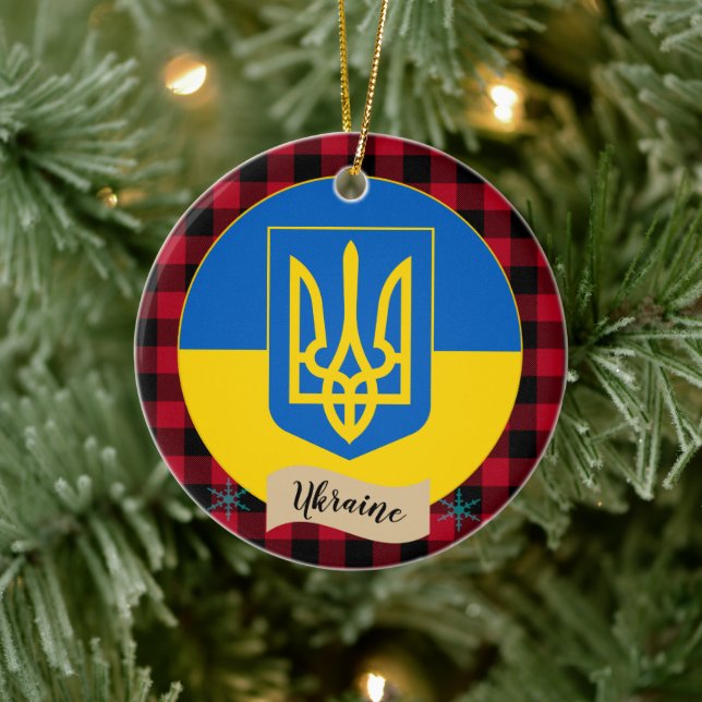 Ukraina, Red buffalo plaid och ukrainska Flagga Julgransprydnad Keramik (Träd)