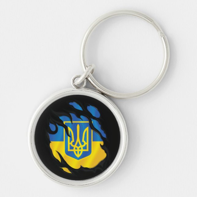 Ukraina Ripping Flagga Rund Silverfärgad Nyckelring (Framsidan)
