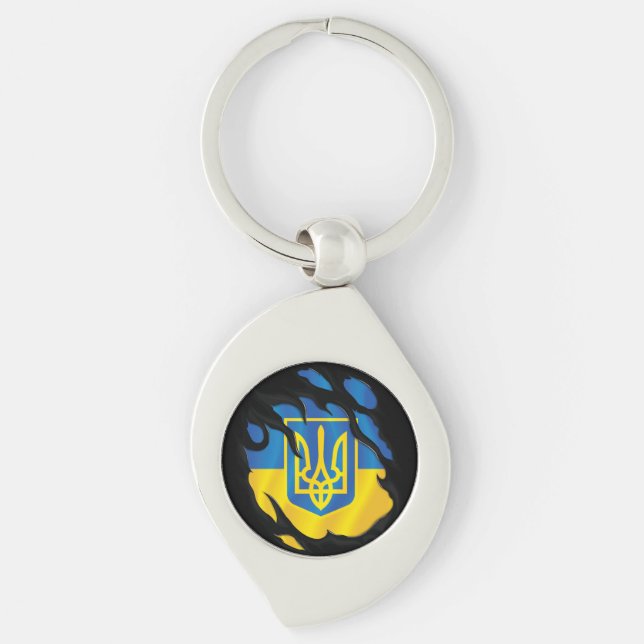 Ukraina Ripping Flagga Swirl Silverfärgad Nyckelring (Framsidan)