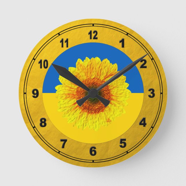 Ukraina Solros och ukrainsk Flagga / blomma Rund Klocka (Framsida)