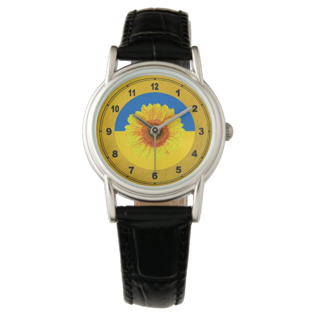 Ukraina Solros & Ukrainas Flagga / Blommigt Armbandsur (Framsida)