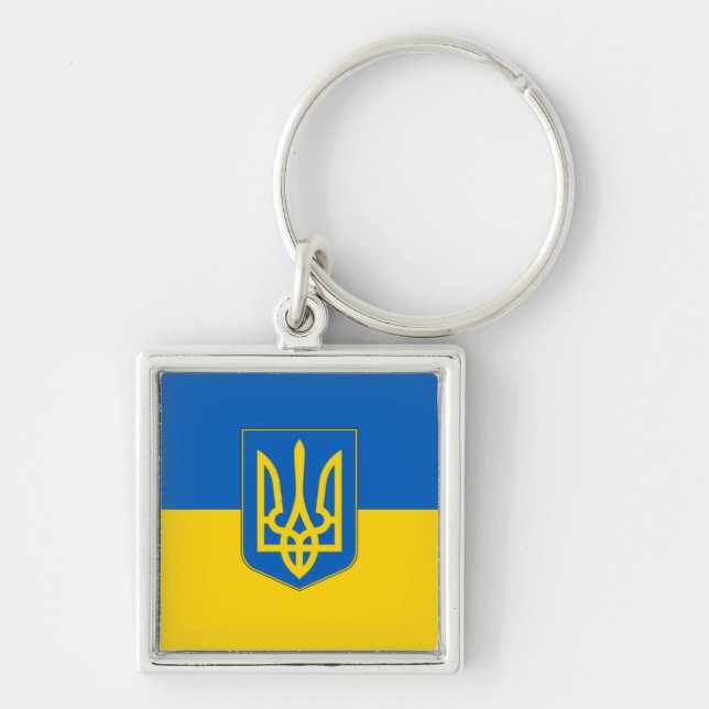 Ukraina Trident-flagg Fyrkantig Silverfärgad Nyckelring (Framsidan)