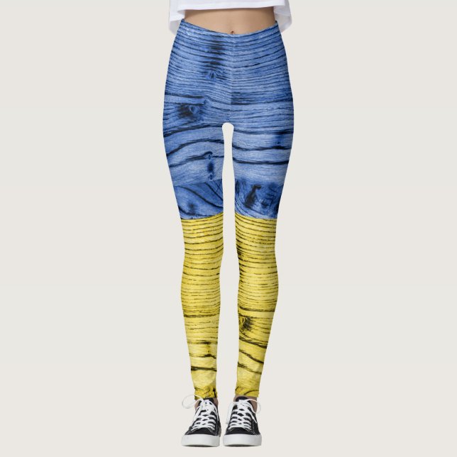 Ukrainas flagga gult blue wood struktur mönster leggings (Framsida)