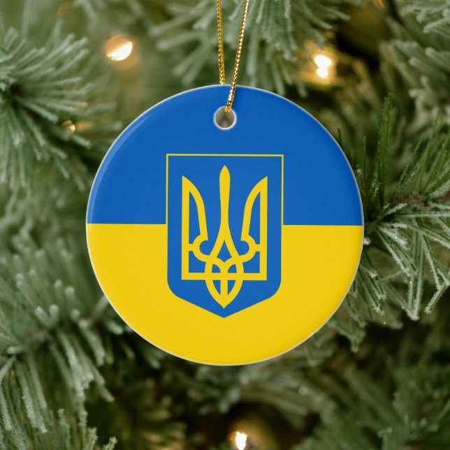 Ukrainas flagga med jackande av arm julgransprydnad keramik (Träd)