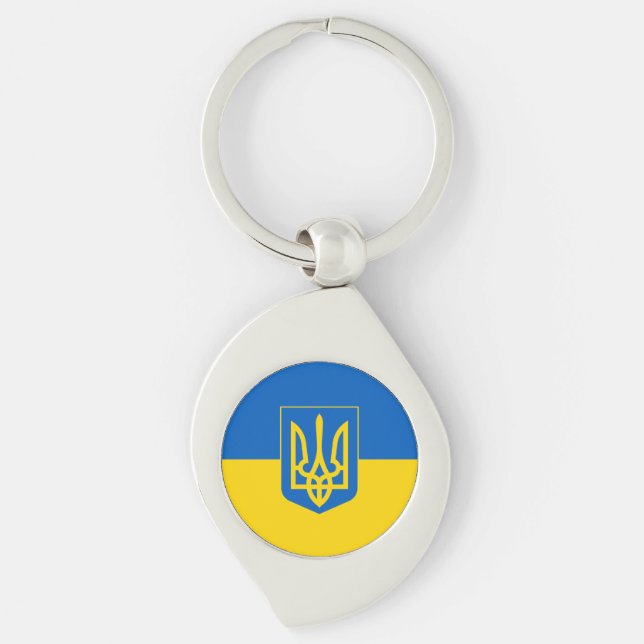 Ukrainas flagga med jackande av arm swirl silverfärgad nyckelring (Framsidan)