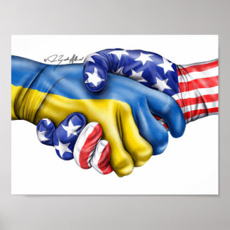 Ukrainas flagga- och USA-handskakning av flagga Poster