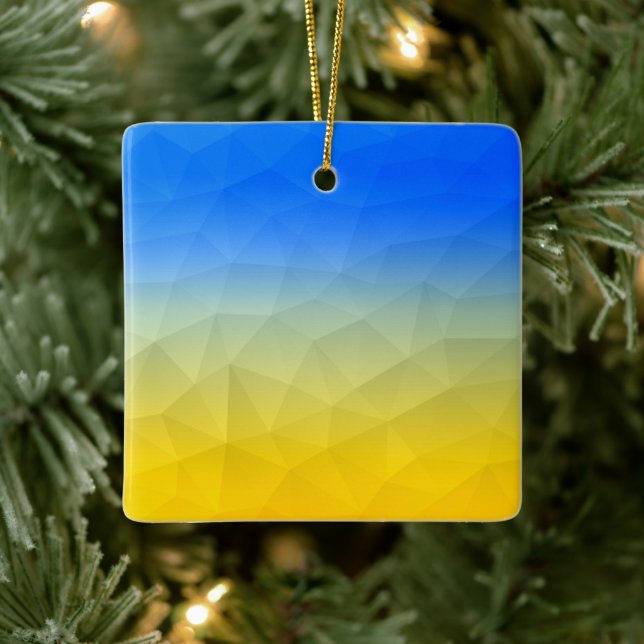 Ukrainas gult, blått, geometriskt nät mönster julgransprydnad keramik (Träd)