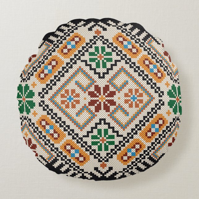 Ukrainas Kor-Stitch: Ethnic Handmade Mönster. Rund Kudde (Framsidan)