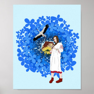 Ukrainas kvinna, Stork och blommor Poster
