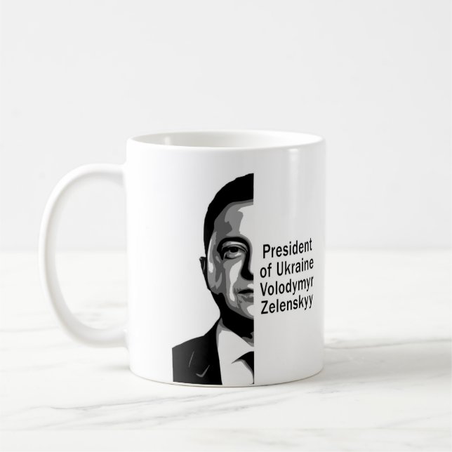 Ukrainas president Zelenskyy Halva Porträtt B&W Ar Kaffemugg (Vänster)