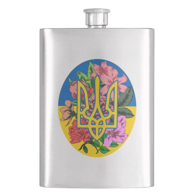 Ukrainas trident och flagga med blommor fickplunta (Framsidan)