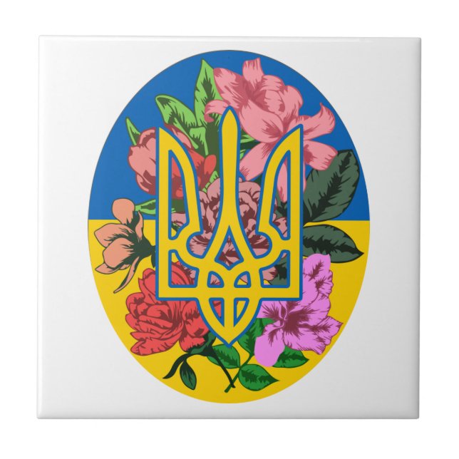 Ukrainas trident och flagga med blommor kakelplatta (Framsidan)