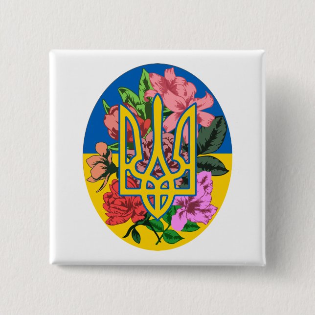 Ukrainas trident och flagga med blommor knapp (Framsida)