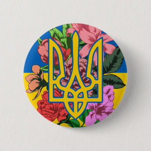 Ukrainas trident och flagga med blommor knapp