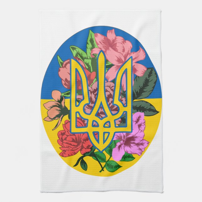 Ukrainas trident och flagga med blommor kökshandduk (Vertikal)