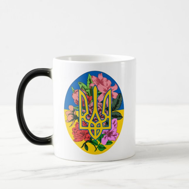 Ukrainas trident och flagga med blommor magisk mugg (Vänster)