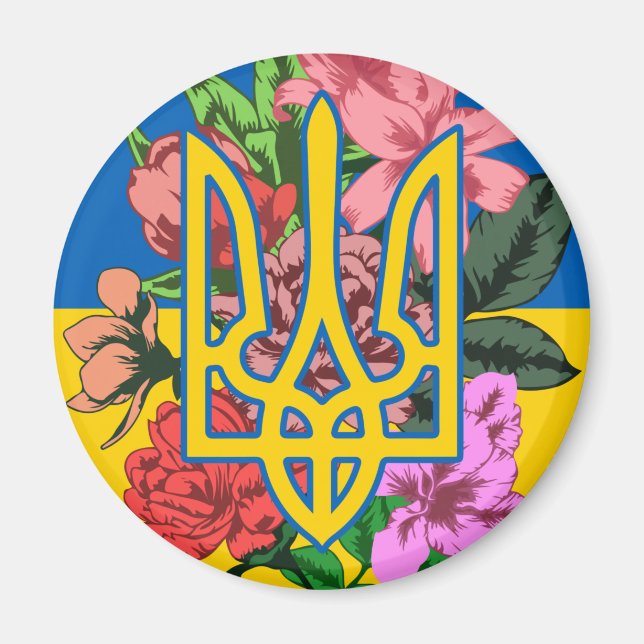 Ukrainas trident och flagga med blommor magnet (Framsidan)