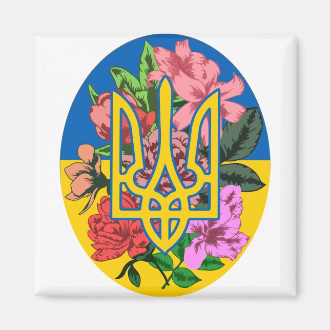 Ukrainas trident och flagga med blommor magnet (Framsidan)