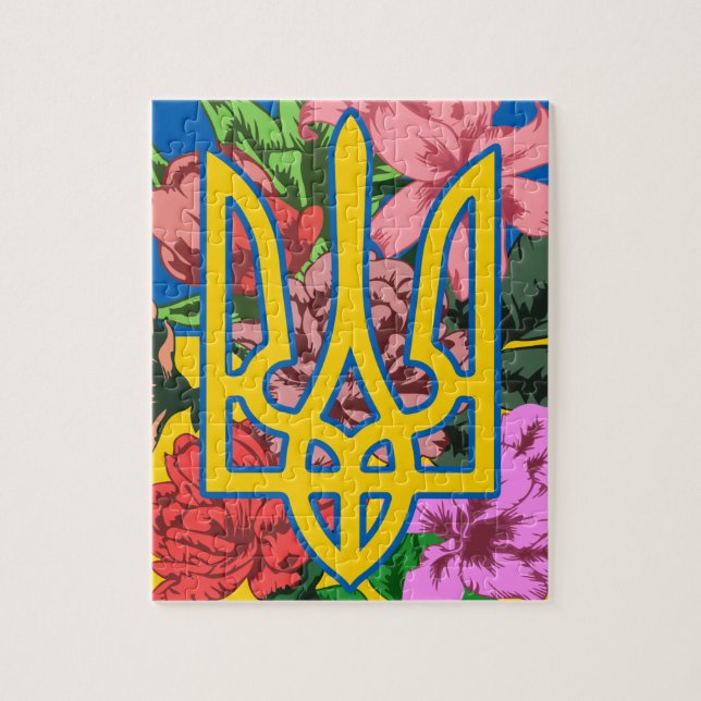 Ukrainas trident och flagga med blommor pussel (Vertikal)