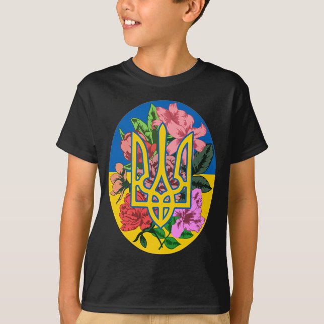 Ukrainas trident och flagga med blommor t shirt (Framsida)