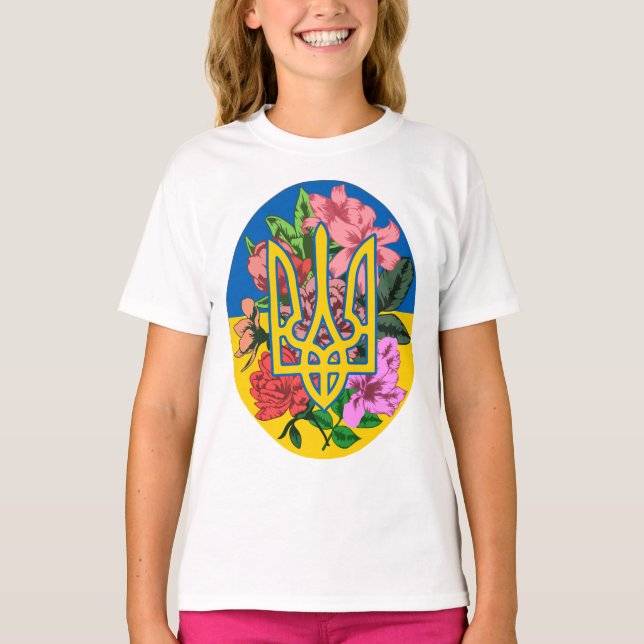 Ukrainas trident och flagga med blommor t shirt (Framsida)
