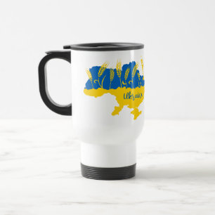 Ukrainas typografi och vetearon på ukrainska flagg resemugg