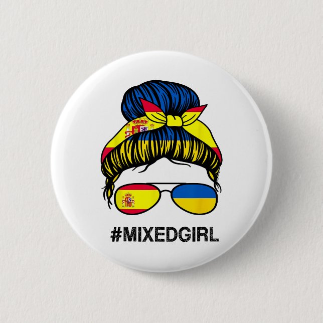 Ukraine Spain Flag Ukrainian Spanish Messy Bun  Knapp (Framsida)