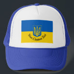 Ukrainian flag with coat of arms and custom text keps<br><div class="desc">Trucker hat with the flag of Ukraine,  a blue and yellow flag with the Ukrainian coat of arms (emblem) with a trident in the center,  and a custom text template for your message</div>