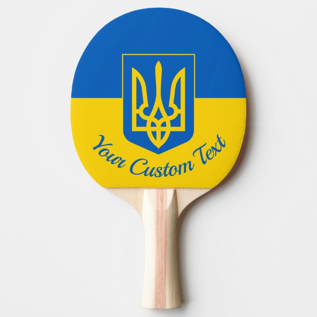 Ukrainian flag with coat of arms and custom text pingisracket (Framsidan)
