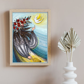 Ukrainian Girl with Peace Dove and Red Poppies Art Poster