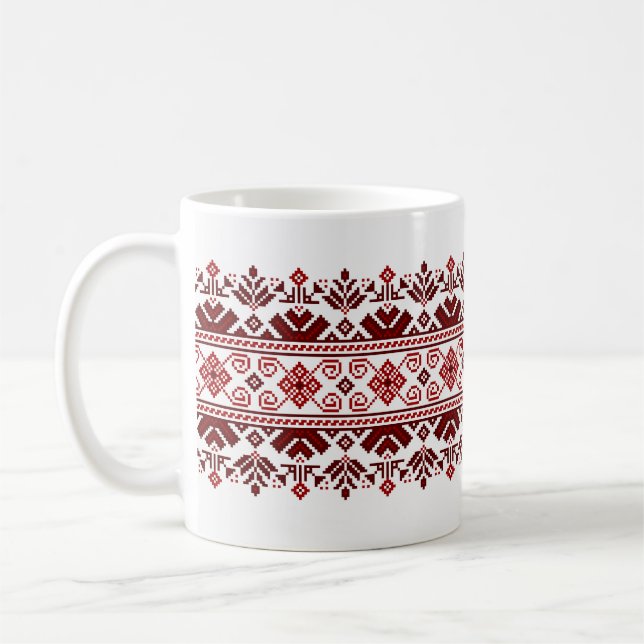 Ukrainian traditional vushuvanka folk pattern red kaffemugg (Vänster)