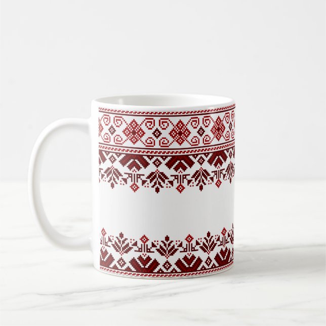 Ukrainian traditional vushuvanka folk pattern red kaffemugg (Vänster)