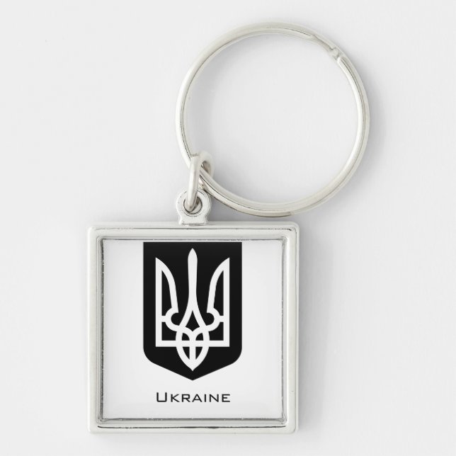 Ukrainias samtida grafiska emblem Tryzub Fyrkantig Silverfärgad Nyckelring (Framsidan)