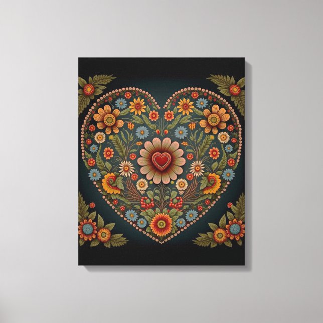 Ukrainsk folkart - Inspired Heart i Multi Färg Canvastryck (Framsida)